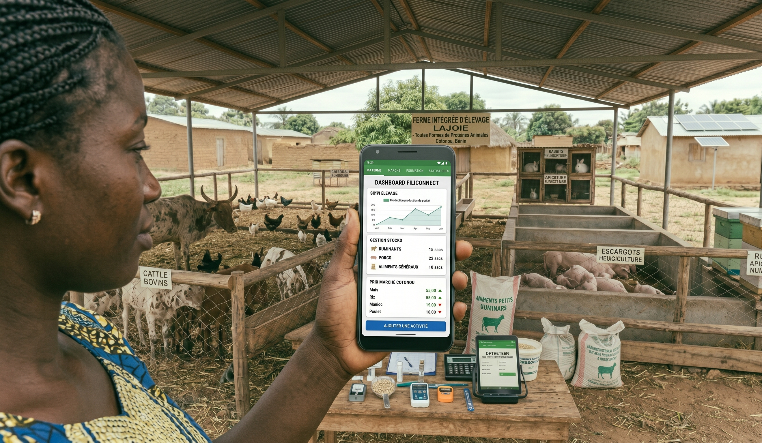 Dashboard FiliConnect sur smartphone à la ferme